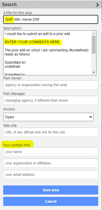 Editing form in MapCollaborator, fields for area title, issue discription, owner, manager, access status, website, your contact info