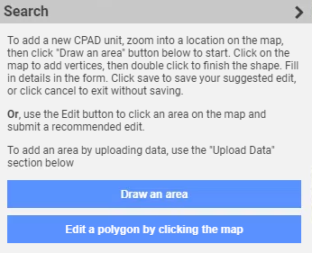 Search menu with options to Draw an Area or Edit a Polygon by clicking map